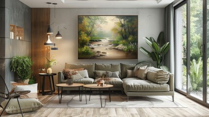 A rustic living room with a comfortable beige linen sofa, a framed pastoral painting depicting a tranquil countryside scene