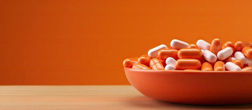 An isolated orange background showcases a collection of pill blister packs arranged in a bowl offering ample copy space for the image 148 characters