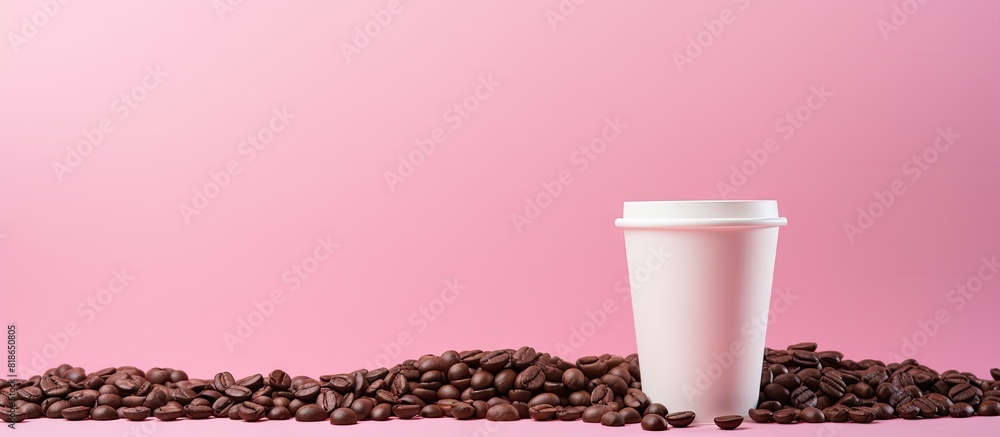 Poster coffee beans surround a large white paper cup in a mockup on a pink background providing ample copy 