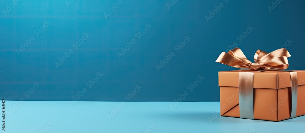 Aufkleber A brown gift box adorned with a matching ribbon stands alone against a vibrant blue backdrop creating a visually appealing copy space image