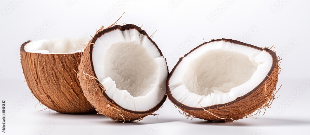 Poster An isolated copy space image of a halved coconut on a white background