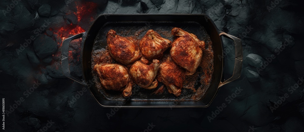 Poster Chicken being baked in an iron pan is placed on a dark stone table as seen from a top down perspective with ample room for additional visuals or text