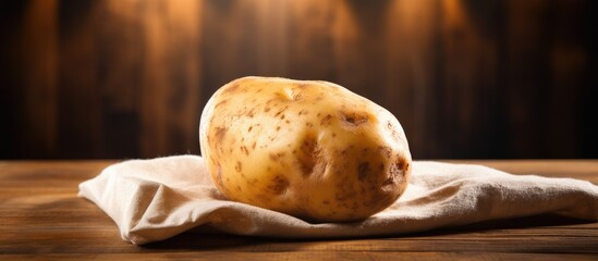 A deliciously cooked potato presented on a wooden table with a parchment background completing the image. with copy space image. Place for adding text or design