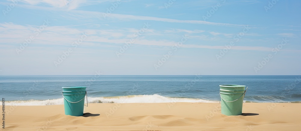 Poster empty beach in avalon new jersey with buckets shovels and plenty of copy space image
