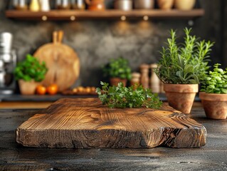 Elegant Open Kitchen Countertop Display with Wooden Shelving, Marble Worktop, and Cutting Board for Cooking Demonstration or Food Presentation. Clean, Professional Culinary Stage.