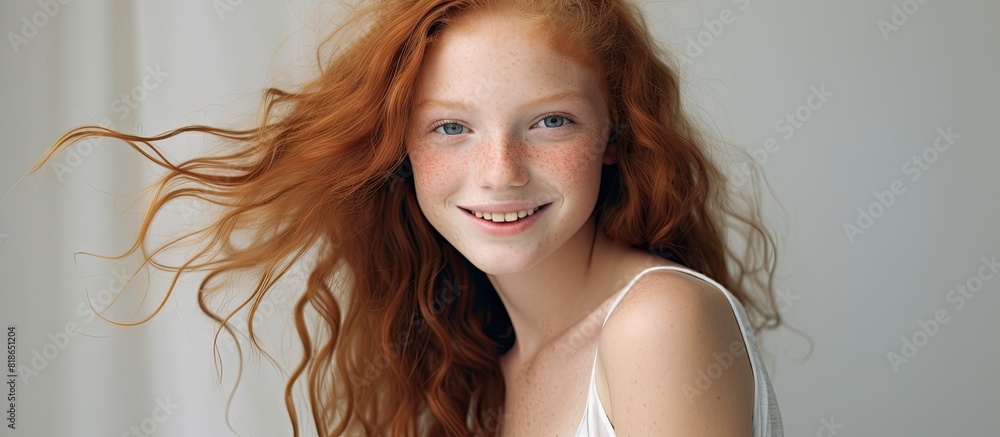 Poster A copy space image of a cheerful redheaded girl with freckles ready for text placement