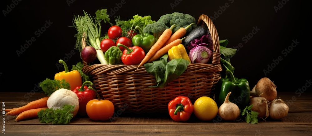 Poster Create a still life with a basket of fresh organic vegetables displayed on a wooden floor leaving room for additional elements in the image