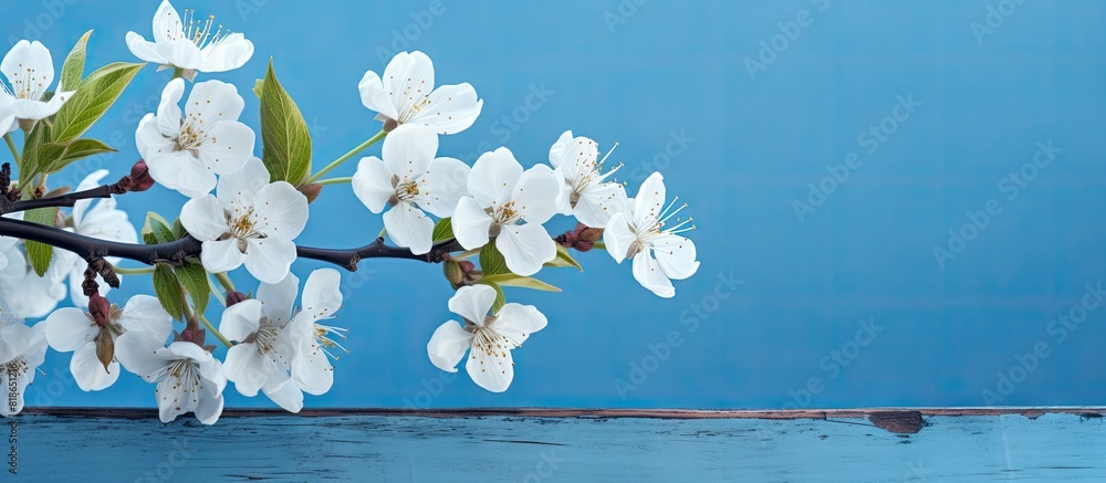 Poster A blossoming branch of an apple tree against a copy space image of a blue wooden background