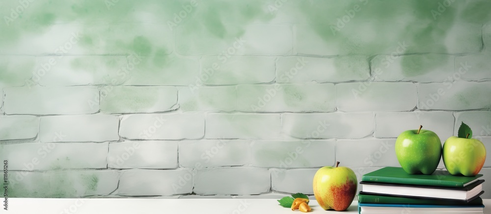 Poster a white brick wall serves as a backdrop for a back to school concept it includes a stack of books a 