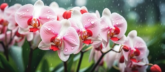 The front yard garden features stunning orchid flowers in white and red colors adorned with raindrops The background adds a vintage touch with a blurry retro look and a noise surface pattern There is