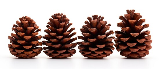 A front view copy space image of three isolated pinecones each displaying a rich brown color set against a pure white background
