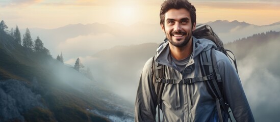 Misty morning mountain trail portrait of a handsome hiker. with copy space image. Place for adding text or design