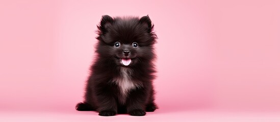 Adorable black Pomeranian Spitz puppy with fluffy fur on a pink background This dog is perfect for...