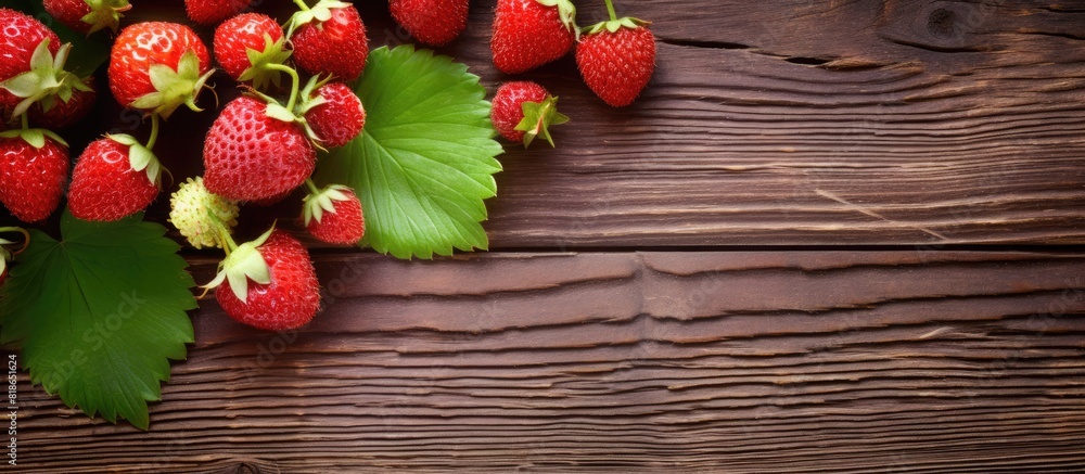 Poster close up of wild strawberries on a wooden background providing ample copy space for images