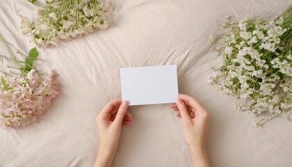 Spring Floral Card Mockup: Fresh Pastel Blooms and Hand Holding Blank Note