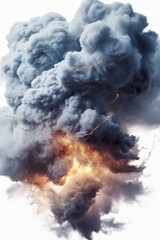  A cloud of smoke with lightning on white background,  Dramatic Thunderstorm Clouds with Lightning Strikes