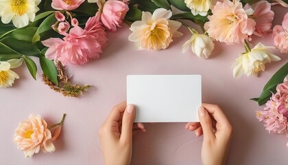 Spring Floral Greeting Card Mockup: Delicate Pastel Flowers with Blank Card