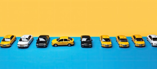 Order a taxi online and choose from a selection of taxis with a sign on top of the car and a keyboard surrounding it The image is taken from a top view against a blue background with copy space