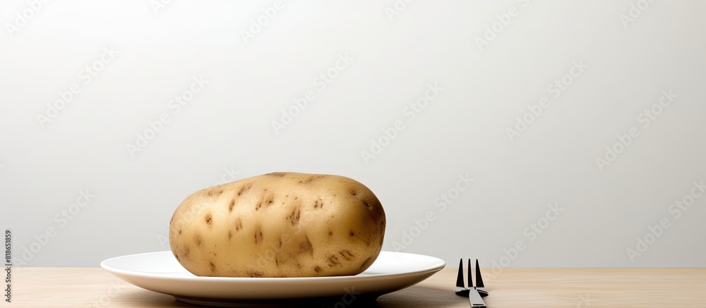 Aufkleber A potato is boiled and placed on a plate The plate is white and the background is isolated There is empty space for writing texts. with copy space image. Place for adding text or design