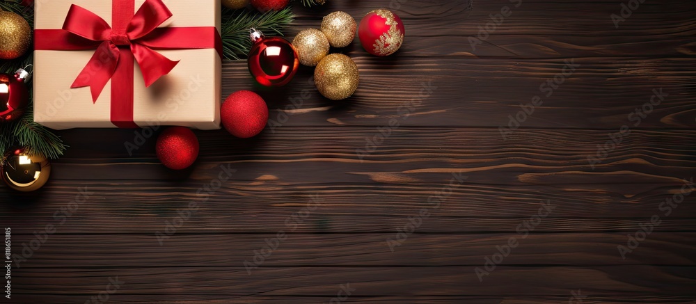Poster a festive gift box with a garland and red christmas balls sits on a wooden table representing the co