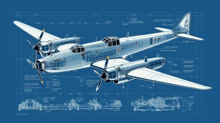 Technical blueprint of an airplane on a blue background