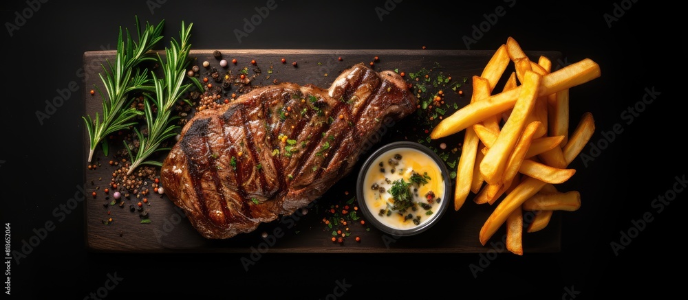 Poster the top down view showcases a succulent grilled steak accompanied by carbonara and french fries plac