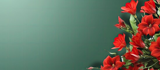 A love and holiday themed copy space image featuring a bunch of red flowers on a green background with blank space