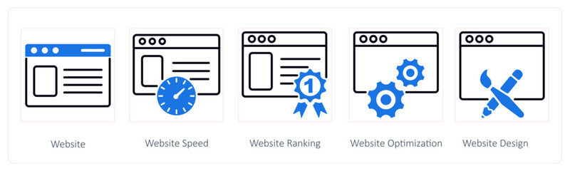 A set of 5 Seo icons as website, webiste speed, website ranking