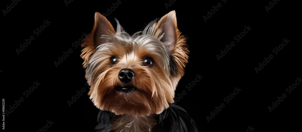 Poster a cute yorkshire terrier dog posing for a portrait on a black background with ample space for copy o