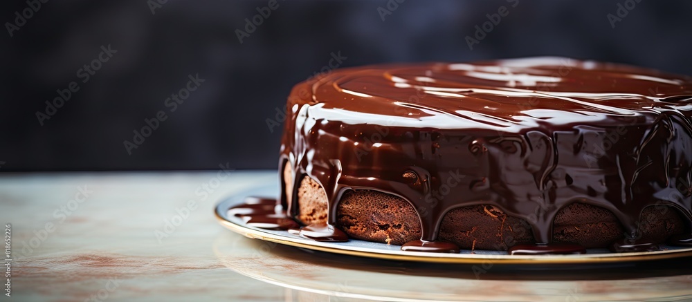 Aufkleber Close up copy space image of a chocolate cake with rich chocolate cream and a glossy chocolate ganache glaze placed on a marble serving board atop a kitchen table