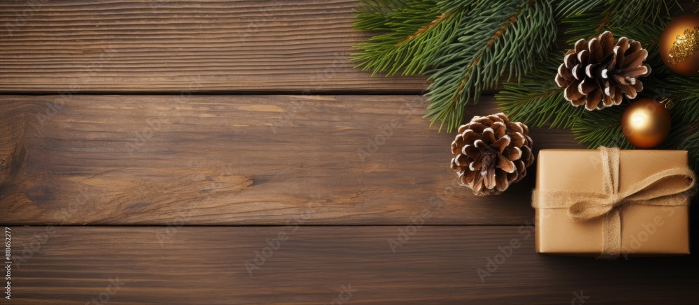 Aufkleber A festive border of fir branches cones and a gift box wrapped in kraft paper rests on a wooden background The image captured from above leaves room for adding text or other elements