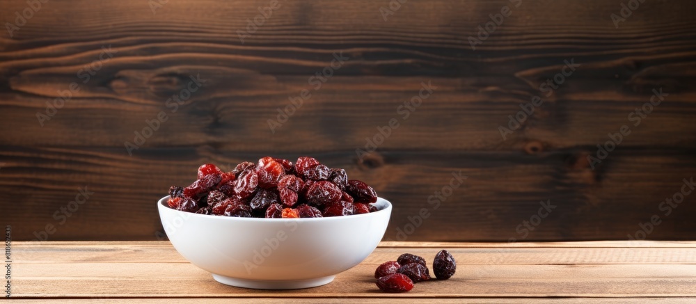 Fototapete a porcelain bowl filled with sun dried sour cherries sits on a wooden table creating a rustic backgr