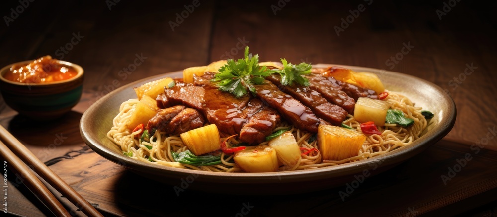 Aufkleber a dish of chinese cuisine consisting of stir fried noodles with a delicious combination of pineapple