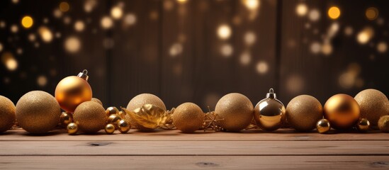 A festive scene with gold Christmas decorations on a wooden background creating a beautiful...