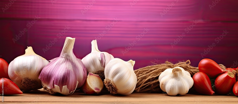 Poster A colorful background with copy space features garlics