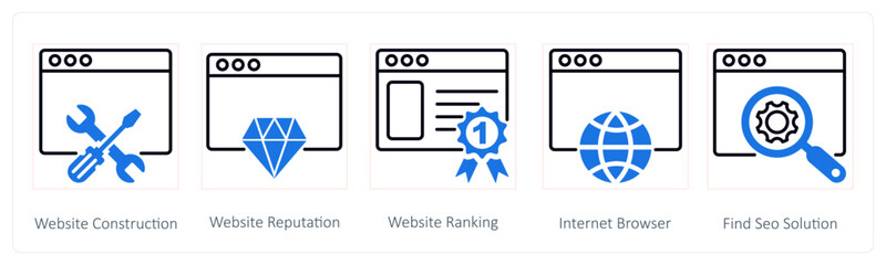 A set of 5 Seo icons as website construction, website reputation, website ranking