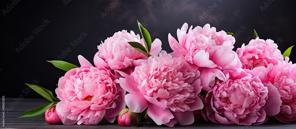 Poster pink peony bouquets beautifully lit on a dark gray backdrop creating a captivating copy space image