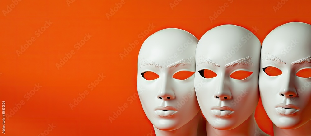 Poster there is a copy space image available on the top corner of the three white masks placed over the ora