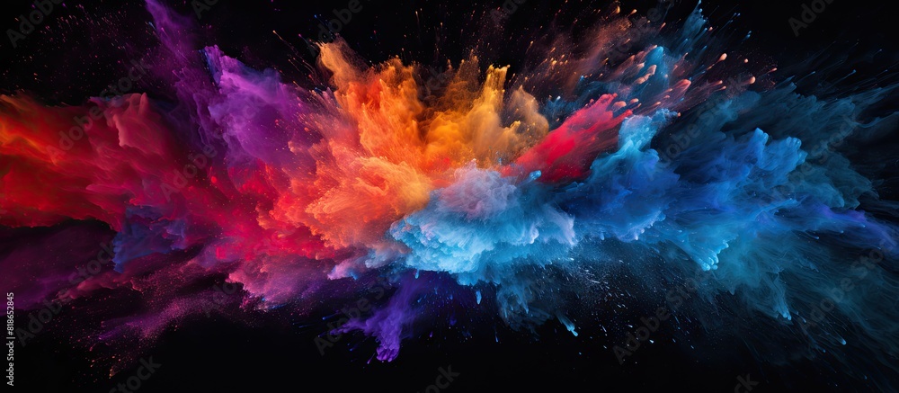 Poster freeze motion of multicolored glitter texture splattering in an abstract powder explosion on a black