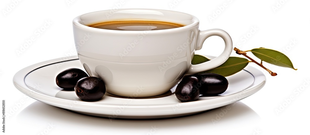 Poster a cup of black coffee with an olive on a saucer isolated on a white background for copy space image