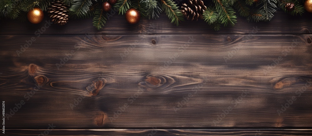 Poster dark wooden board with a christmas themed background featuring a fir tree and decoration leaving an 
