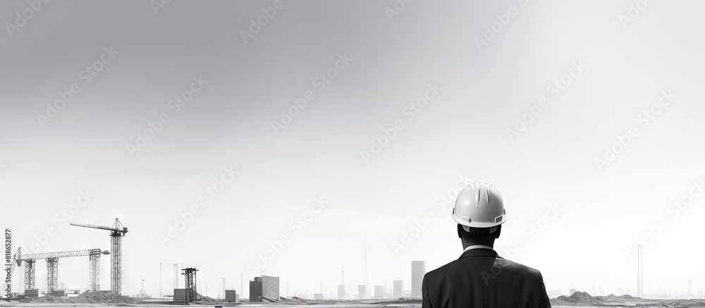 Poster Construction site director observed from the rear with empty space for text or imagery. with copy space image. Place for adding text or design