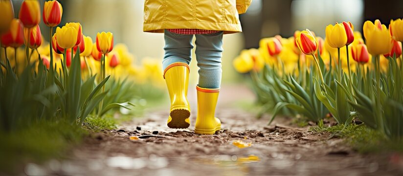 A baby wearing yellow rubber boots walks on a trail lined with colorful tulips carrying a yellow umbrella Spring scenery with a copy space image for sunny photography 151 characters