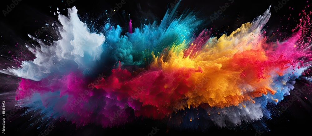 Poster freeze motion of multicolored glitter texture splattering in an abstract powder explosion on a black