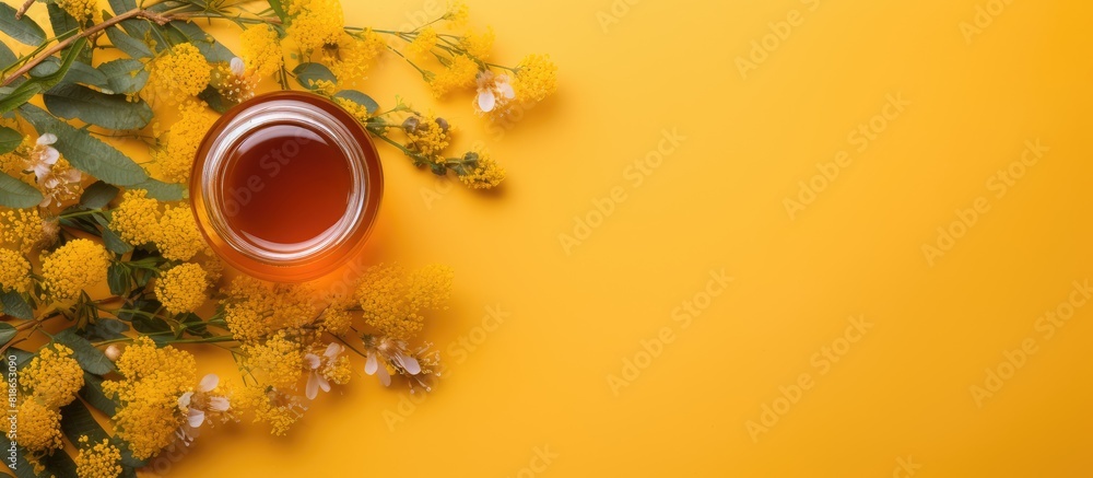 Aufkleber Top view flat lay of a honey jar adorned with delicate acacia flowers and leaves creating an aesthetically pleasing copy space image