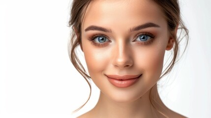 Naklejka premium Beautiful woman's skin care makes her look young, fresh, smiling woman with perfect makeup on white background.