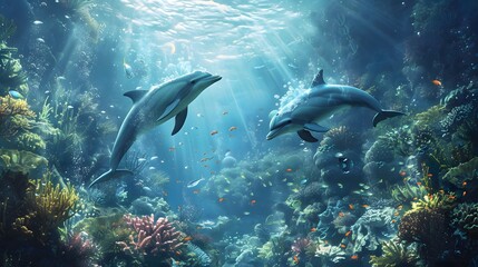 Naklejka premium Dolphins Swimming in Vibrant Coral Reef
