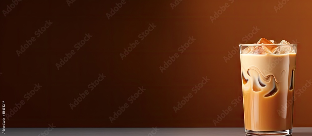 Poster copy space image of a creamy iced coffee with a generous amount of milk and a dash of coffee