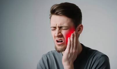 A young Russian man with toothache holding his cheek isolated on grey background red pain sign near mouth