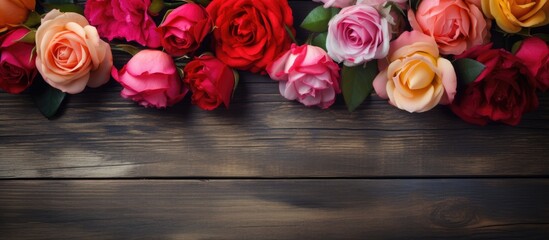 Copy space image of exquisite roses set against a rustic wooden backdrop - Powered by Adobe